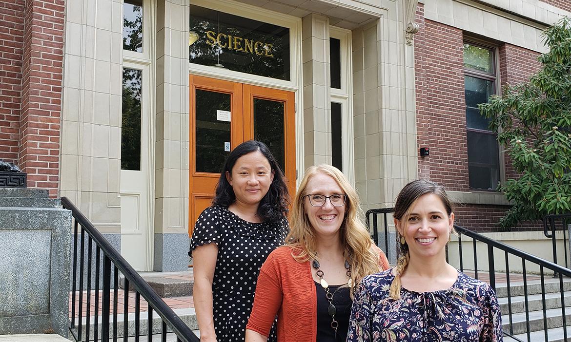 Recently promoted faculty members, Lan Xue, Julianne Moore, and Katie Jager.