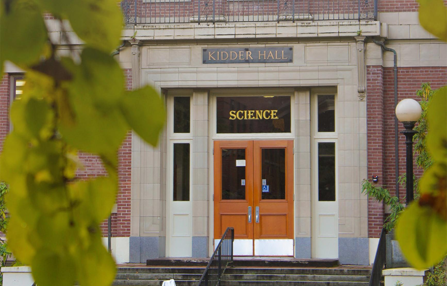 The back entrance to Kidder Hall on a spring day.