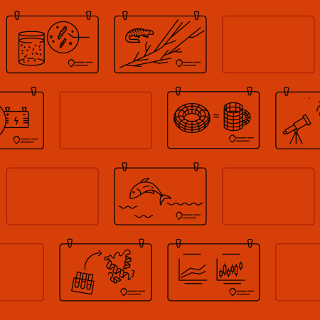 Orange background with graphics of mini research posters.